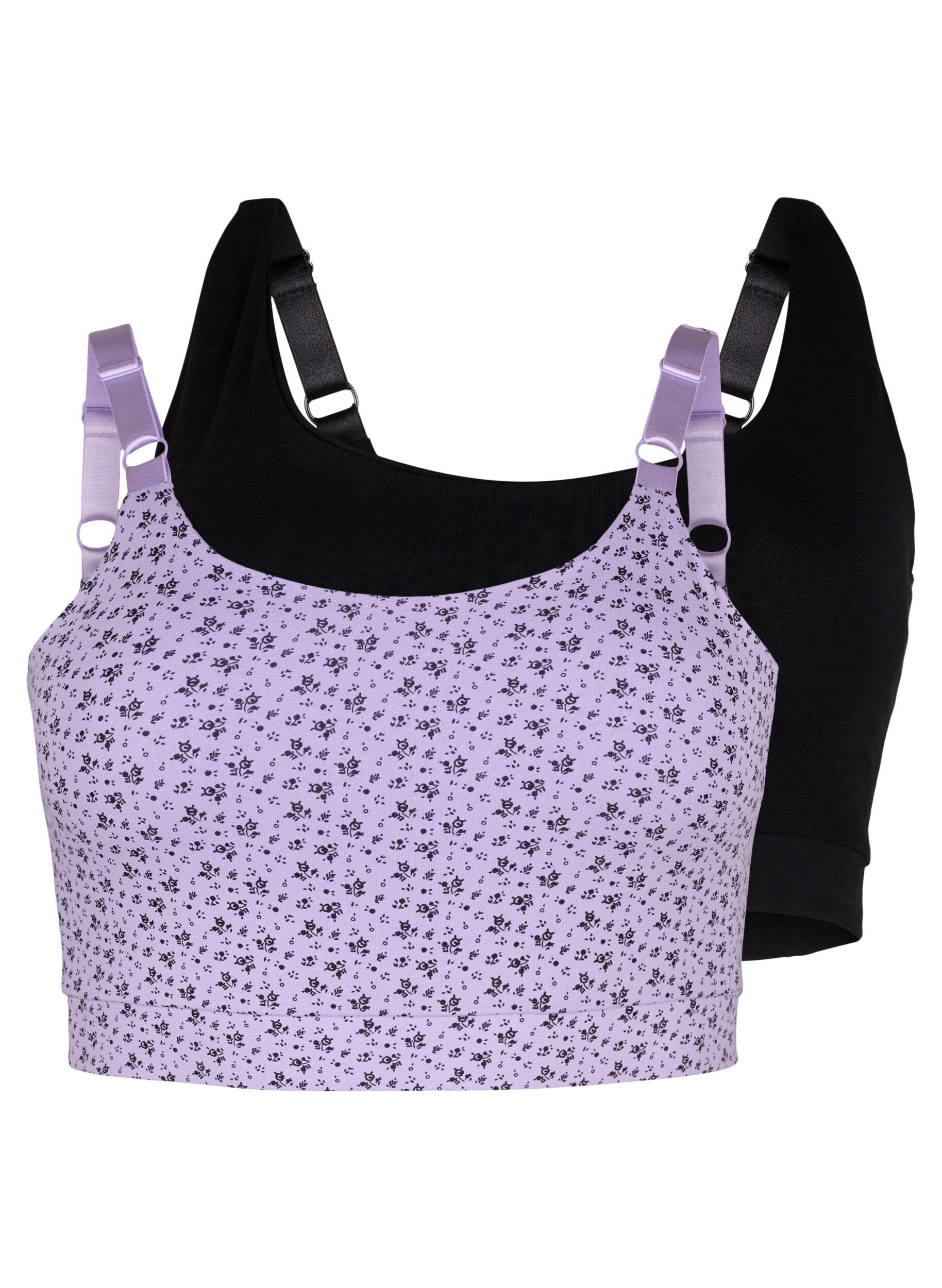 Zizzifashion 2-pack cotton bra top with adjustable straps, Purple Rose/Black, Packshot image number 0