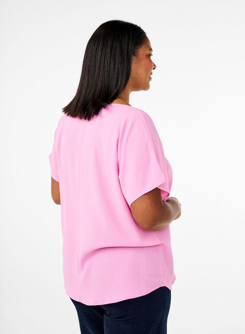 Blouse with short sleeves and a round neckline, Pink, Model image number 2