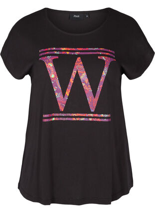 Cotton T-shirt with colourful print, Black W, Packshot image number 0