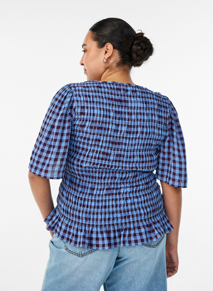 Smock blouse with gingham check and ruffle hem, Blue, Model image number 2