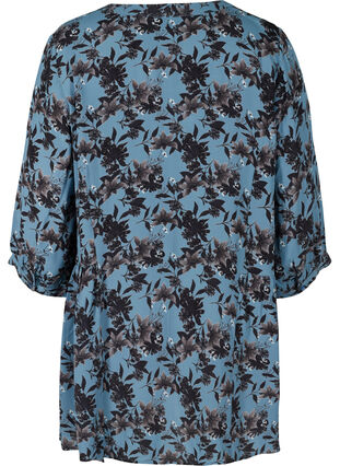 Viscose tunic with 3/4 sleeves and floral print, Blue w. Flower AOP, Packshot image number 1