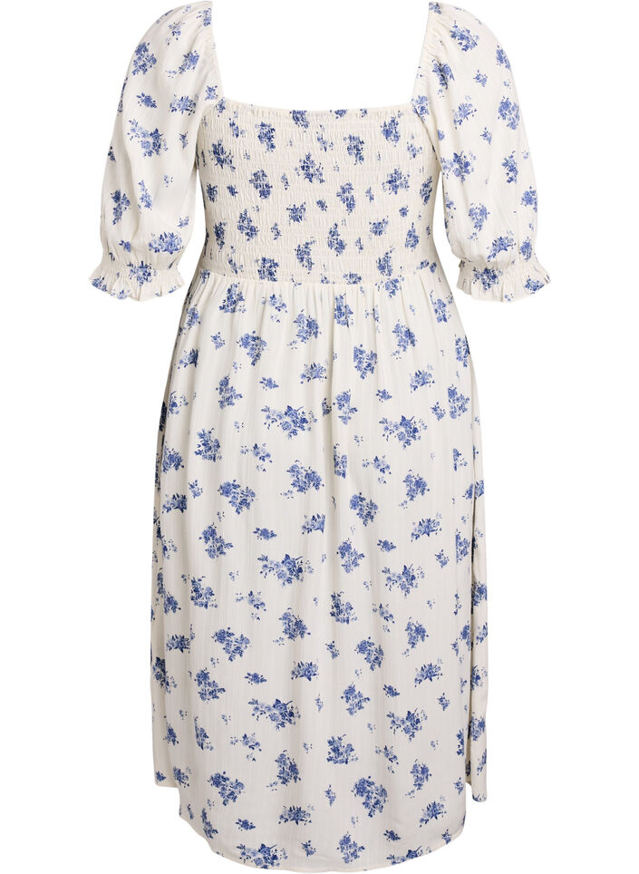 Floral viscose midi dress with smock, White, Packshot image number 1