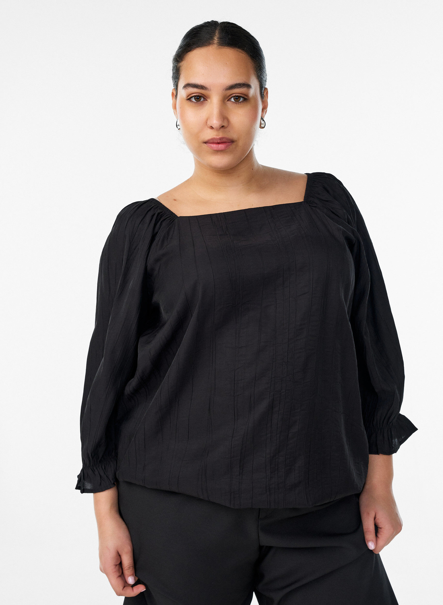 Zizzifashion Viscose blouse with a square neck and 3/4-sleeves, Black, Model image number 0