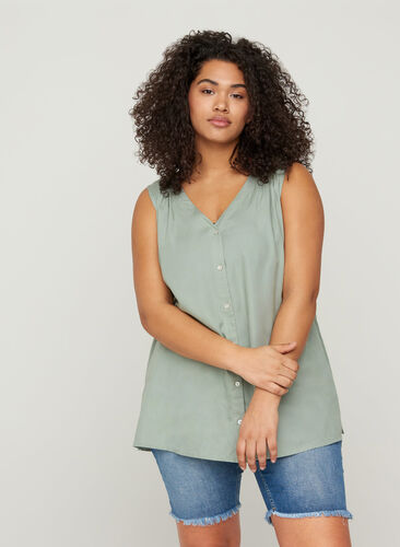 Viscose top with button fastening, Chinois Green, Model image number 0