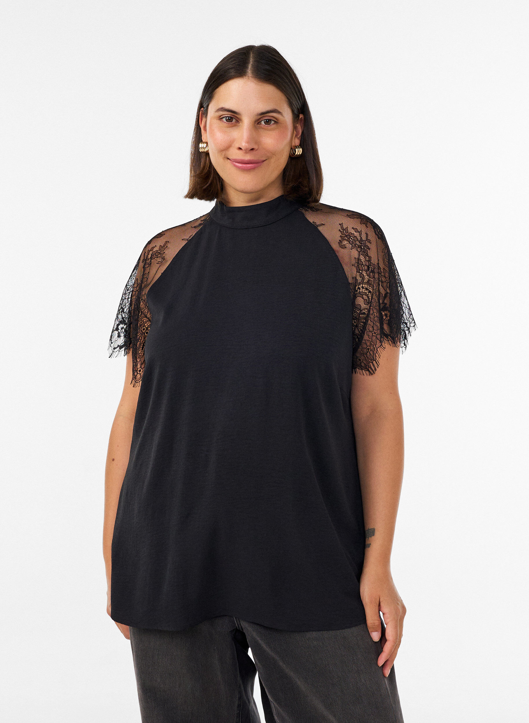 Blouse with short lace sleeves and high neck, Black, Model