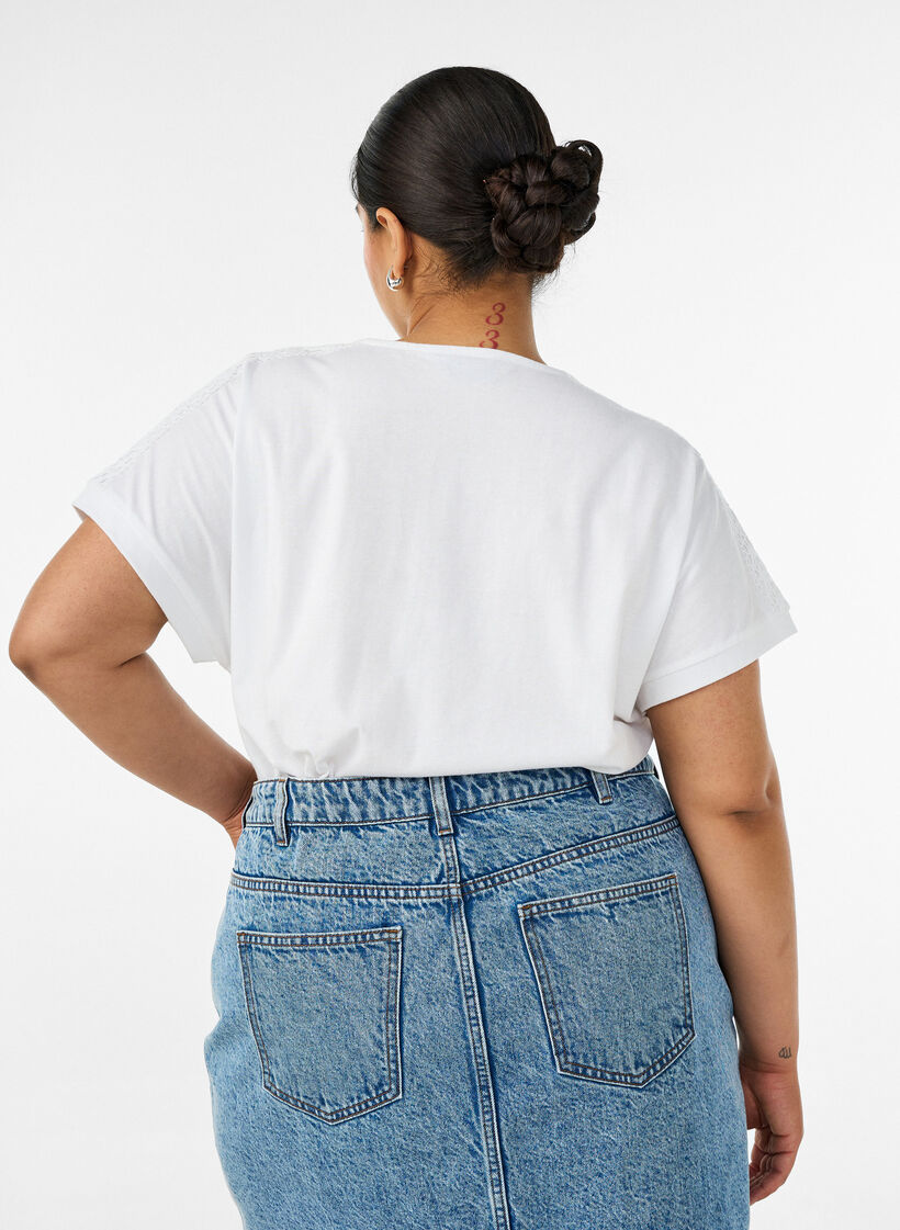 Cotton T-shirt with crochet detail, White, Model image number 2