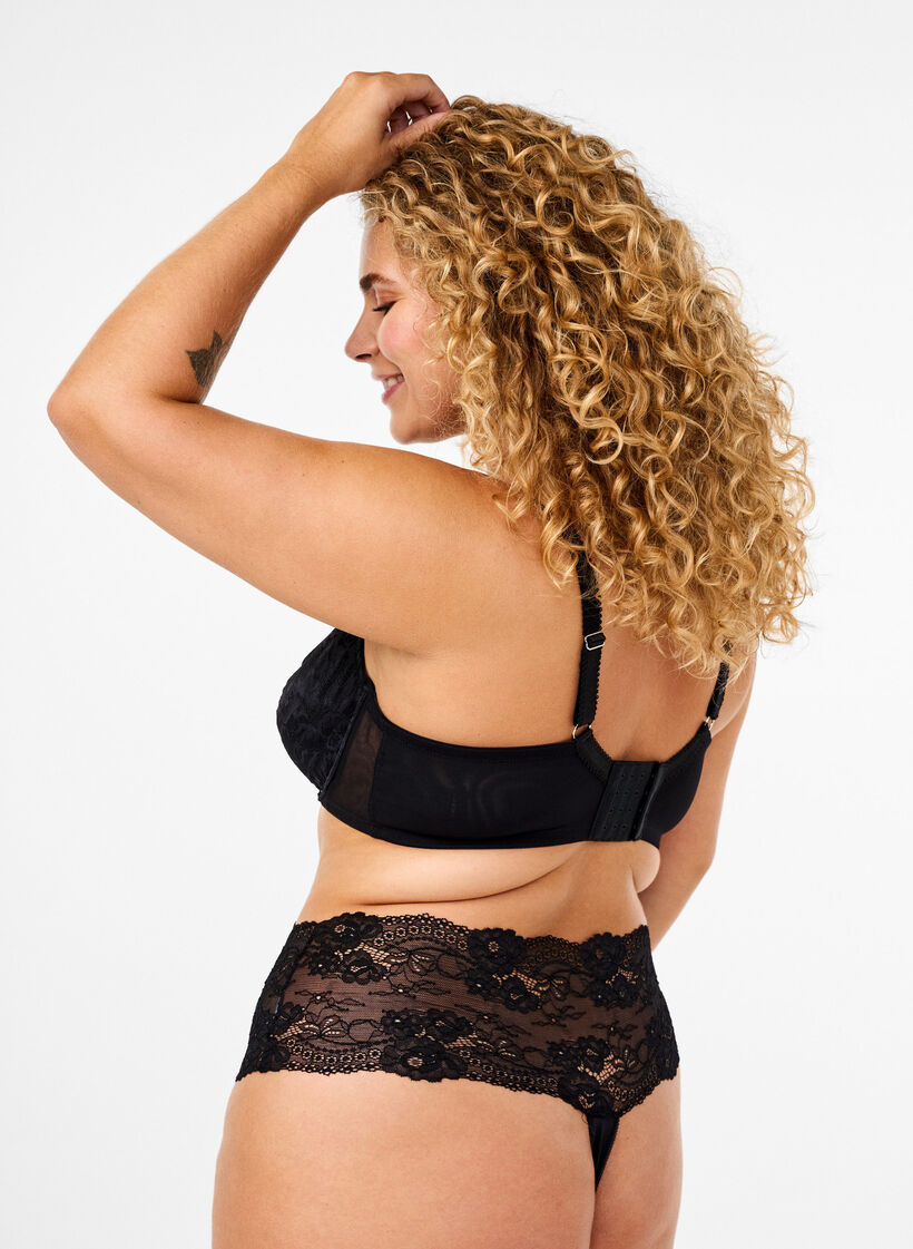 Full coverage lace bra with chain detail, Black, Model image number 1