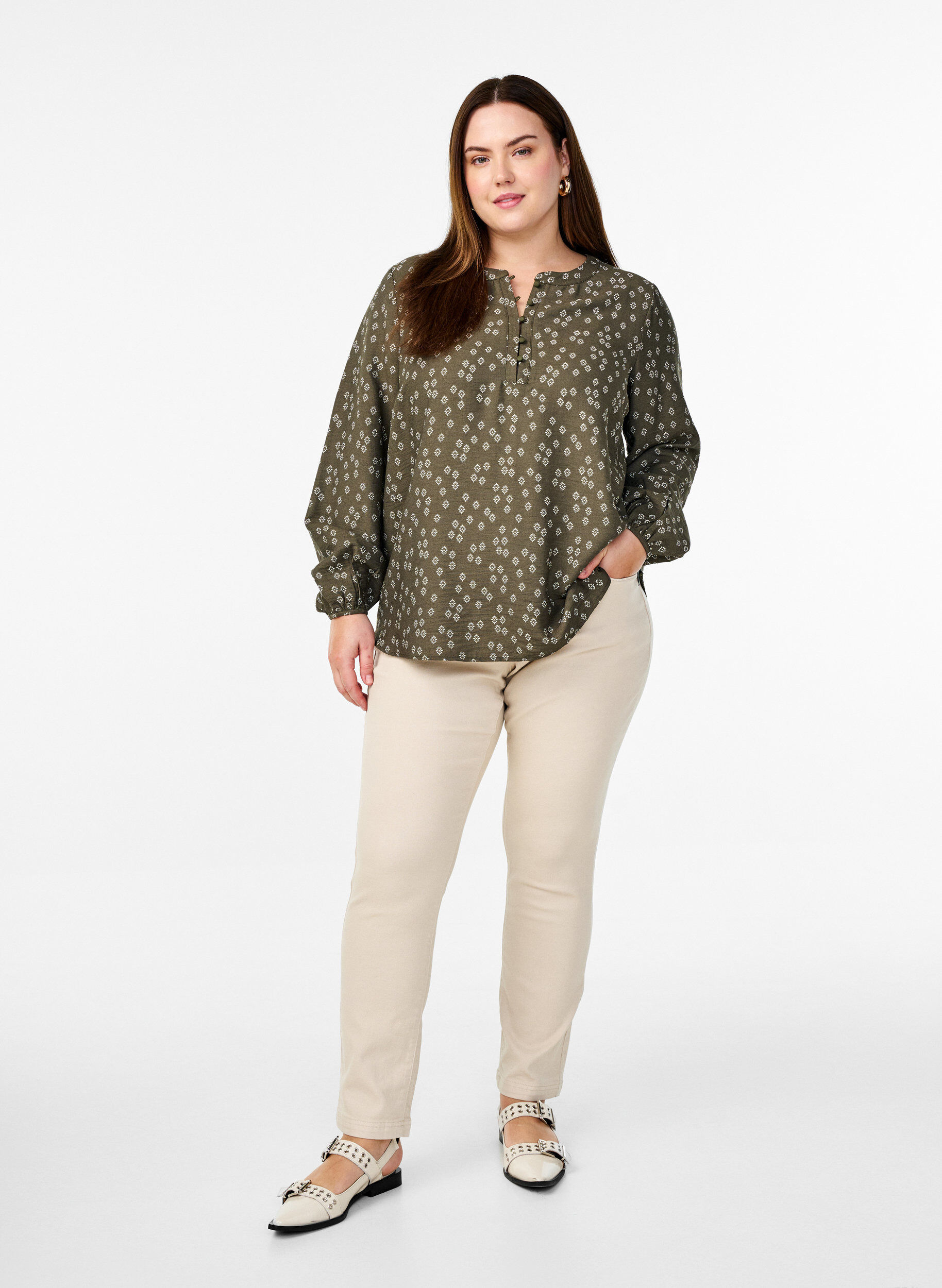 Zizzifashion Long-sleeved blouse with pattern and buttons, Green, Model image number 1