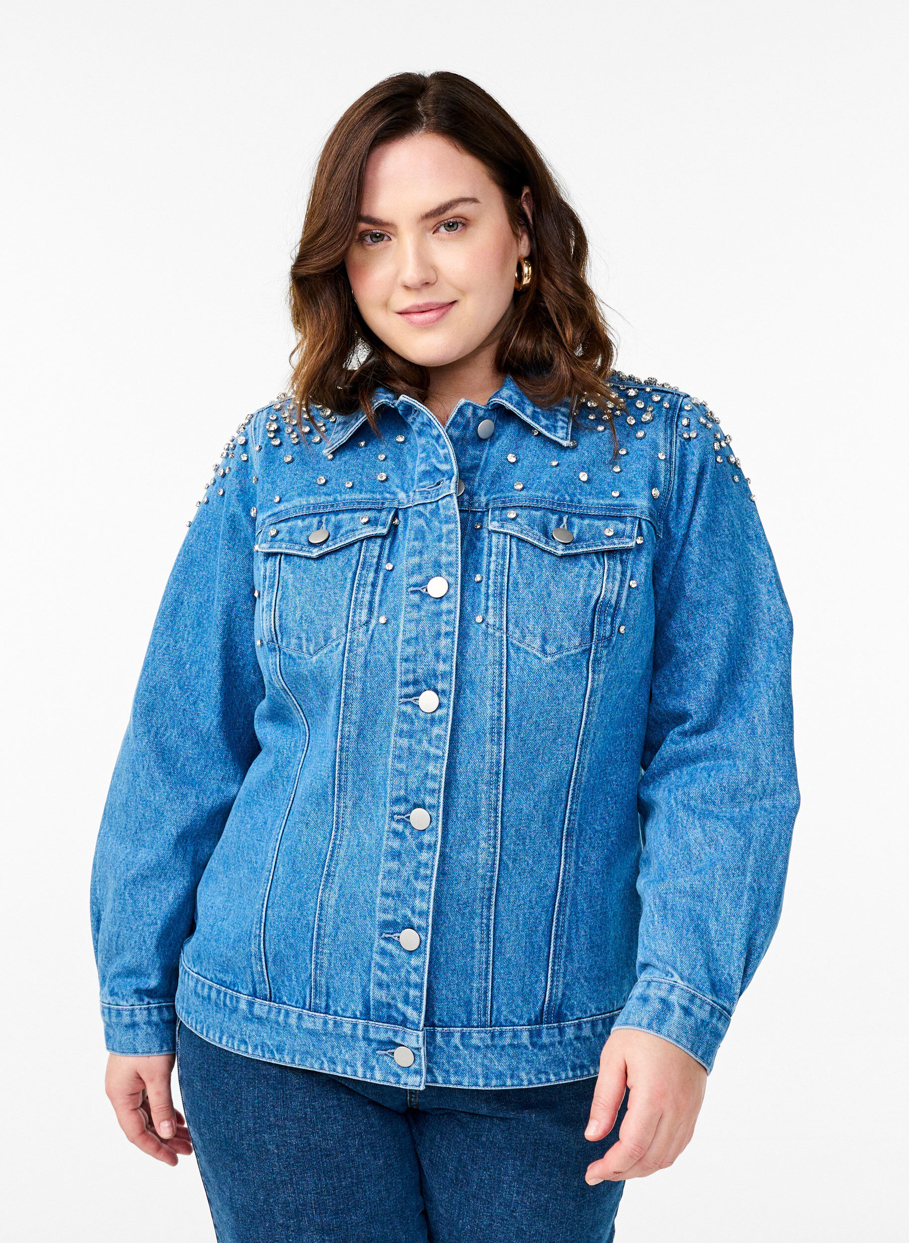 Denim jacket with rhinestones, Blue, Model