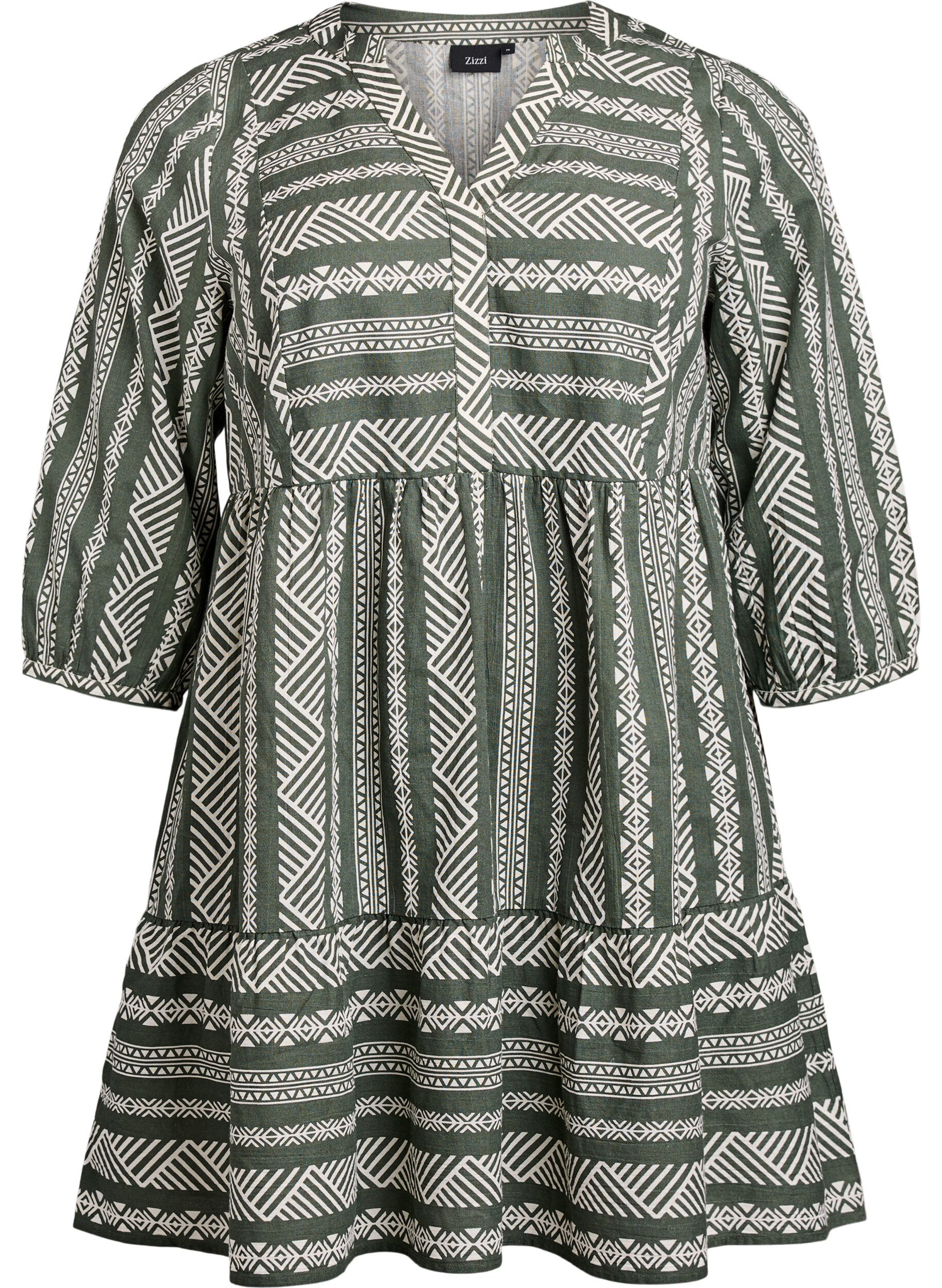 Zizzifashion Short dress with graphic print and 3/4 sleeves, Green, Packshot image number 0