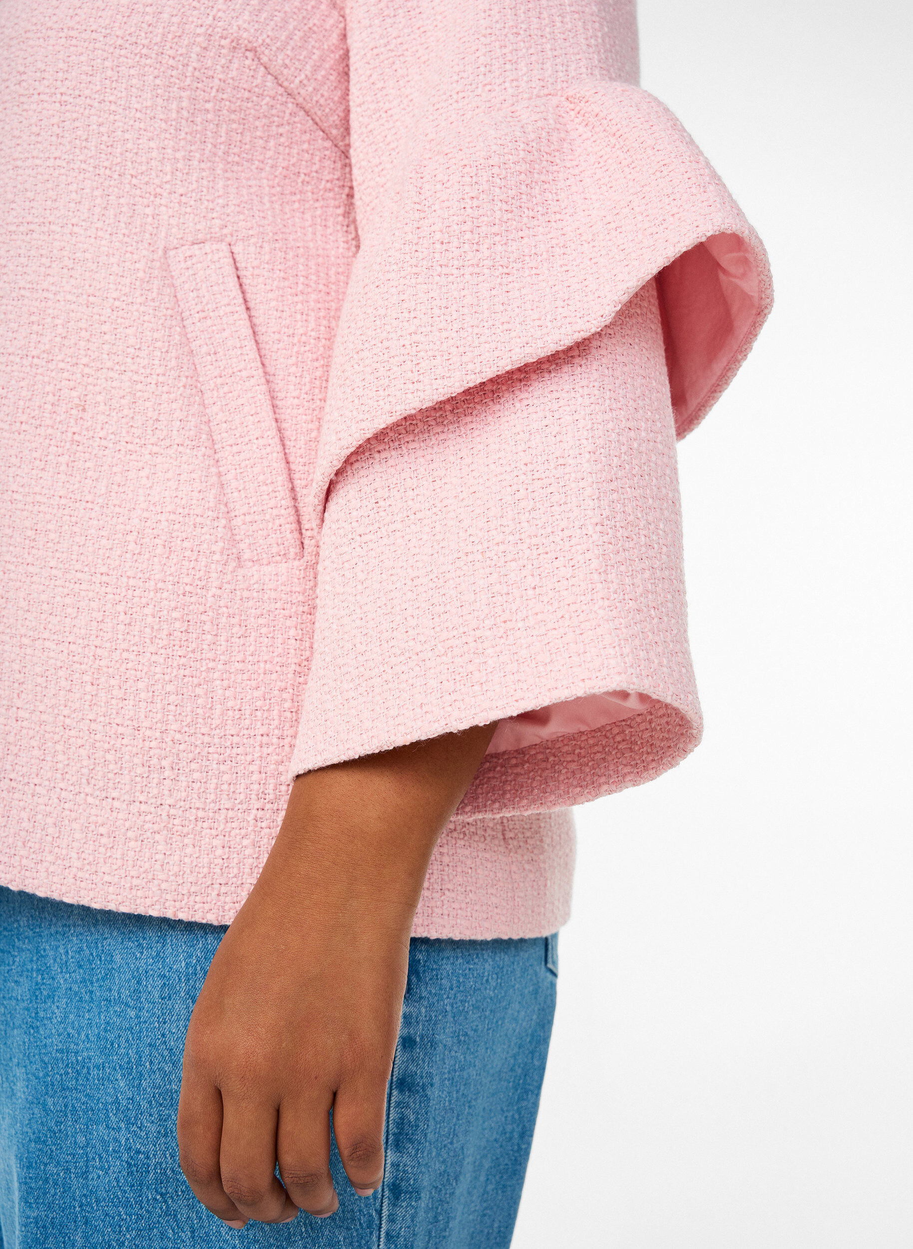 Zizzifashion Boucl&eacute; jacket with ruffle details, Pink, Model image number 3