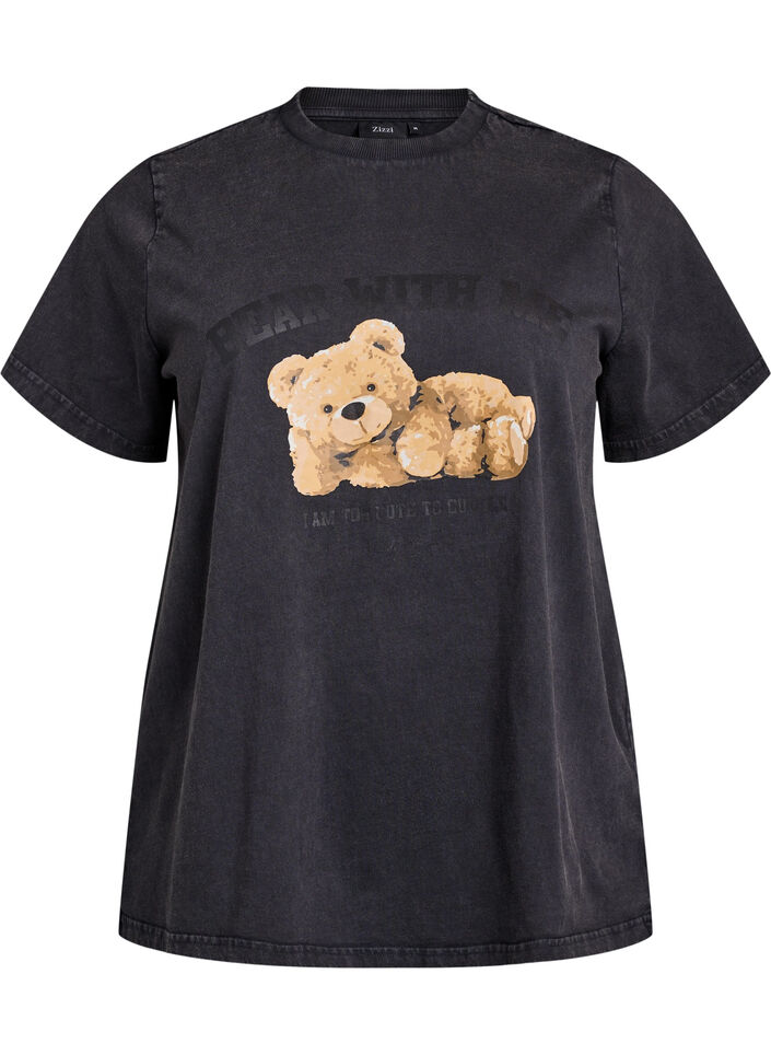 T-shirt with teddy bear print and washed look, Grey, Packshot image number 0