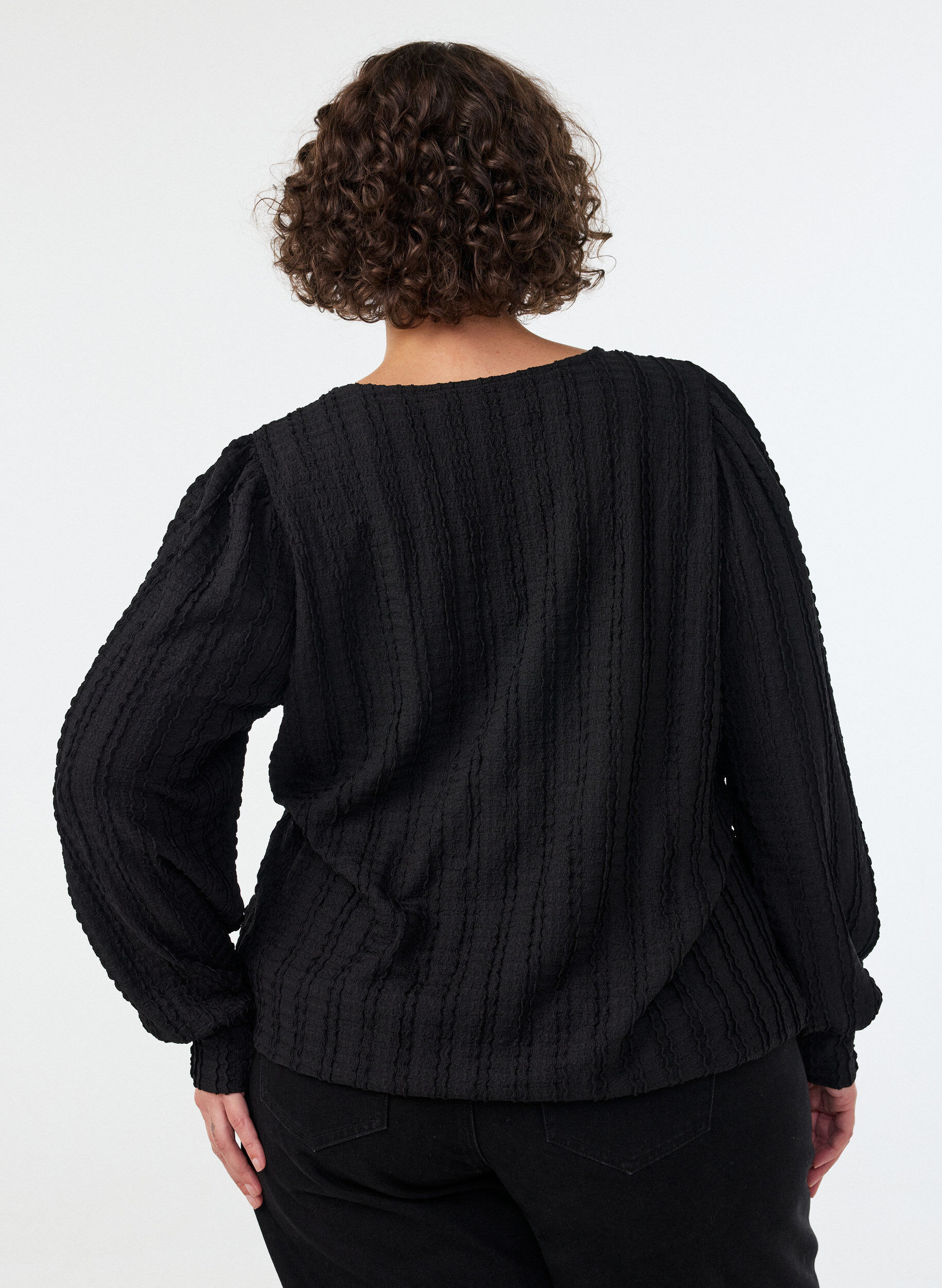 ZizzifashionTextured jersey blouse with a balloon silhouette, Black, Model image number 2