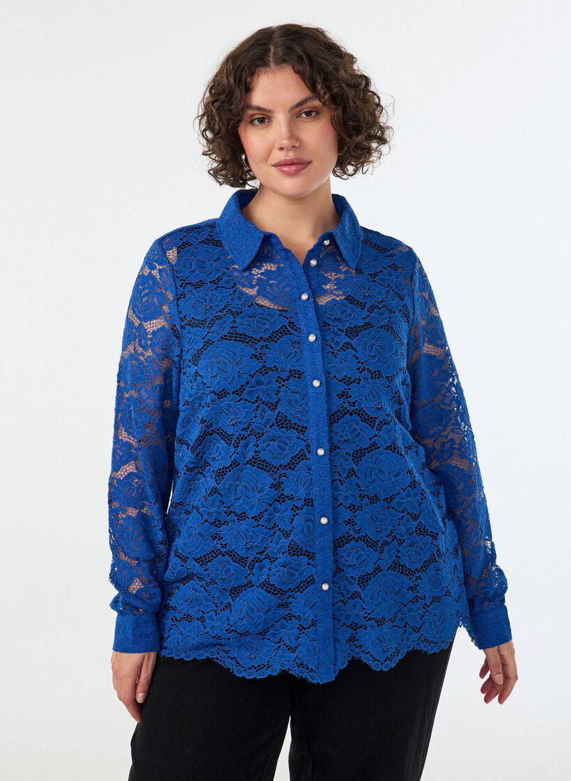 Lace shirt with pearl buttons, Blue, Model image number 0
