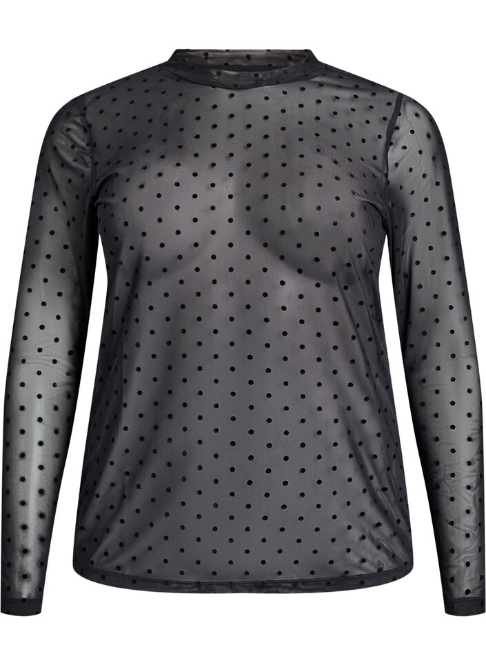 Mesh blouse with dots, Black, Packshot image number 0