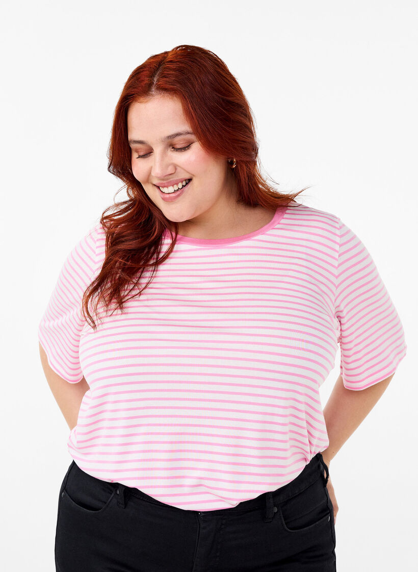 Striped T-shirt in lyocell with round neck, Red, Model image number 0