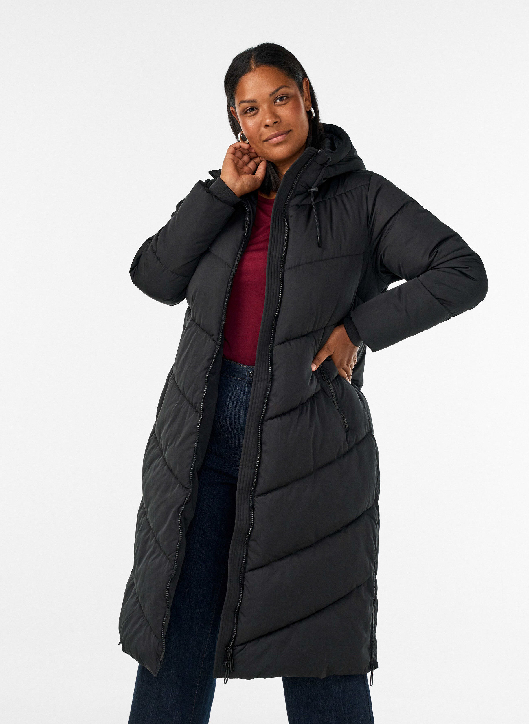 ZizzifashionLong puffer coat with hood and pockets, Black, Model image number 0