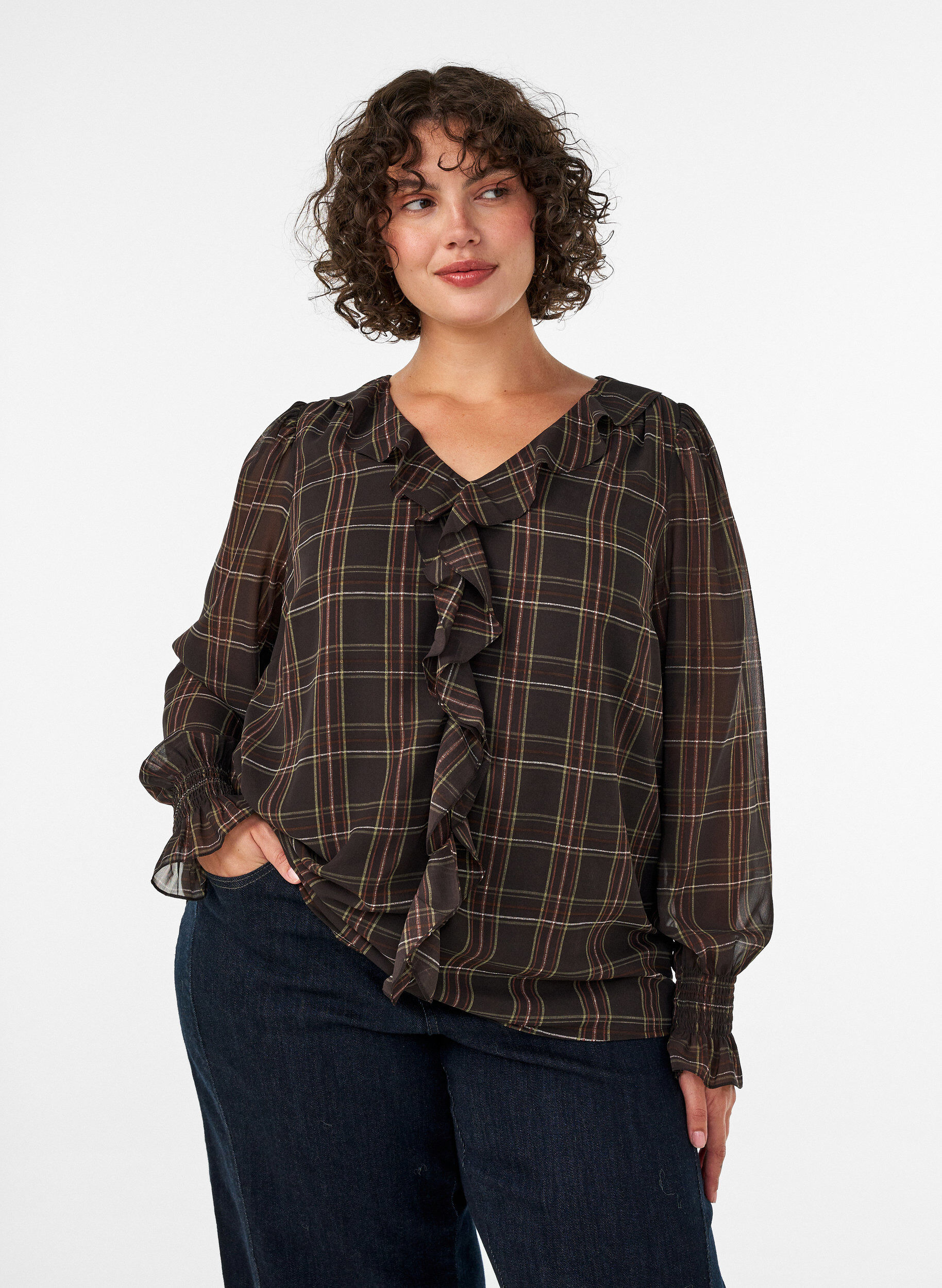 ZizzifashionBlouse with check and ruffle details, Green, Model image number 0