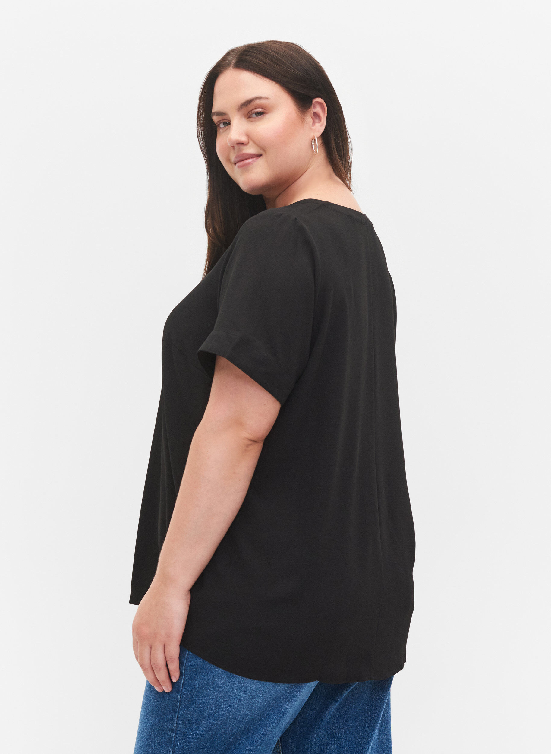 Zizzifashion Short-sleeved v-neck blouse, Black, Model image number 2