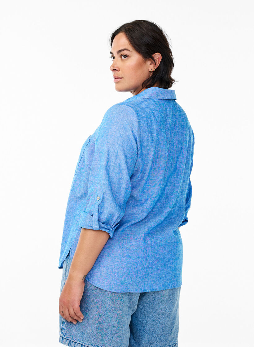 Shirt in linen and viscose with 3/4 sleeves, Blue, Model image number 1