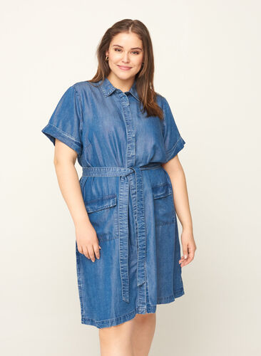Short-sleeved lyocell dress, Blue denim , Model image number 0