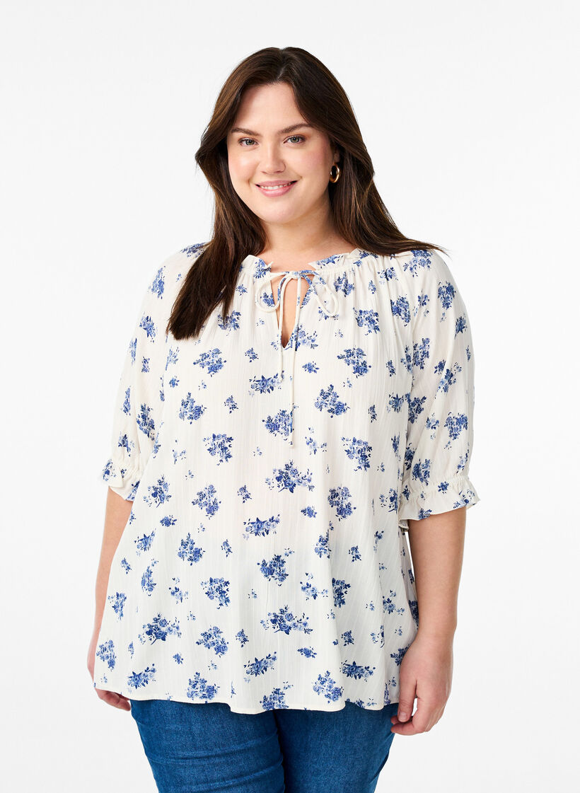 Viscose blouse with paisley print and elbow length sleeves, White, Model image number 0