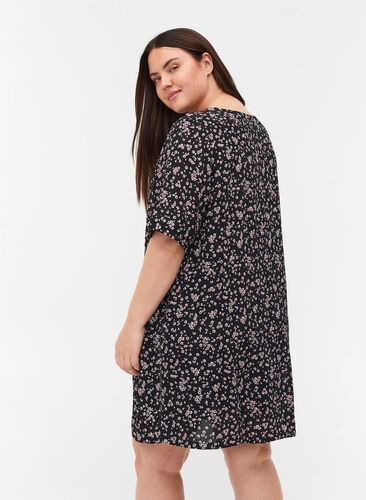 Viscose tunic with print and short sleeves, Black Flower AOP, Model image number 1