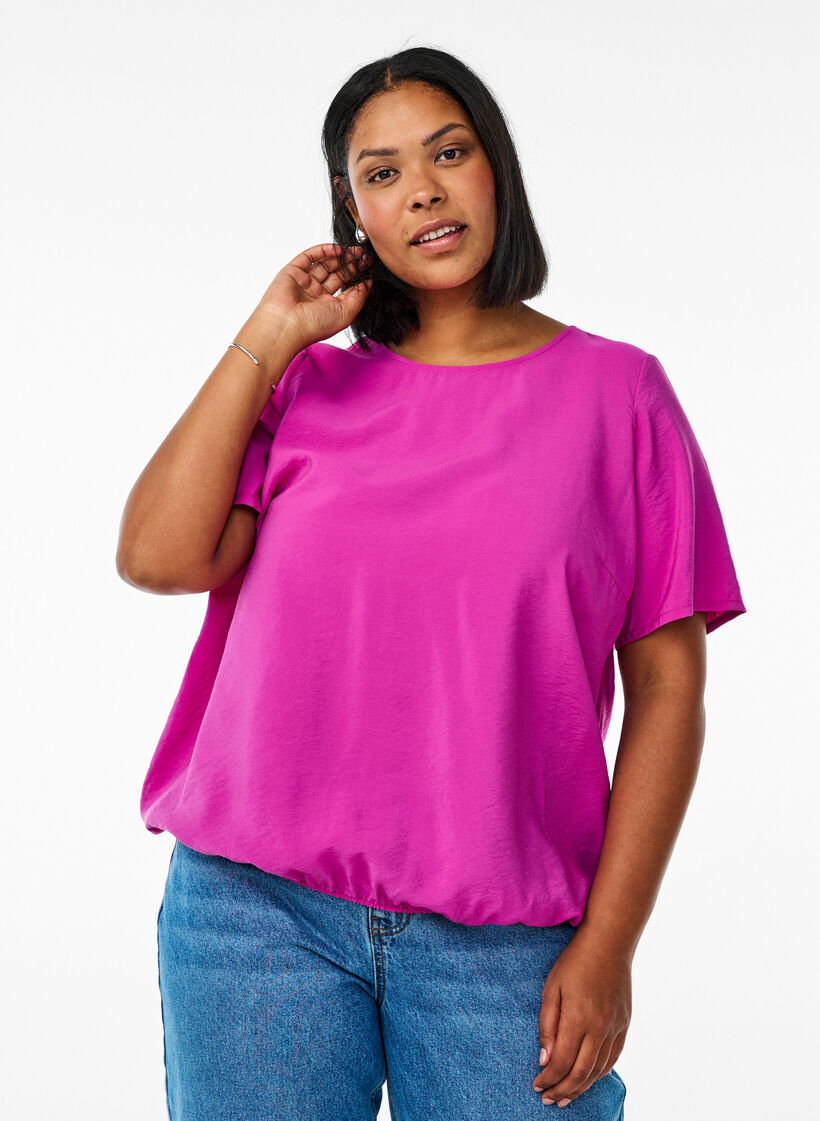 Short-sleeved blouse with elastic hem, Pink, Model image number 0
