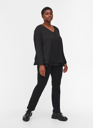 Long-sleeved v-neck blouse, Black, Model image number 2