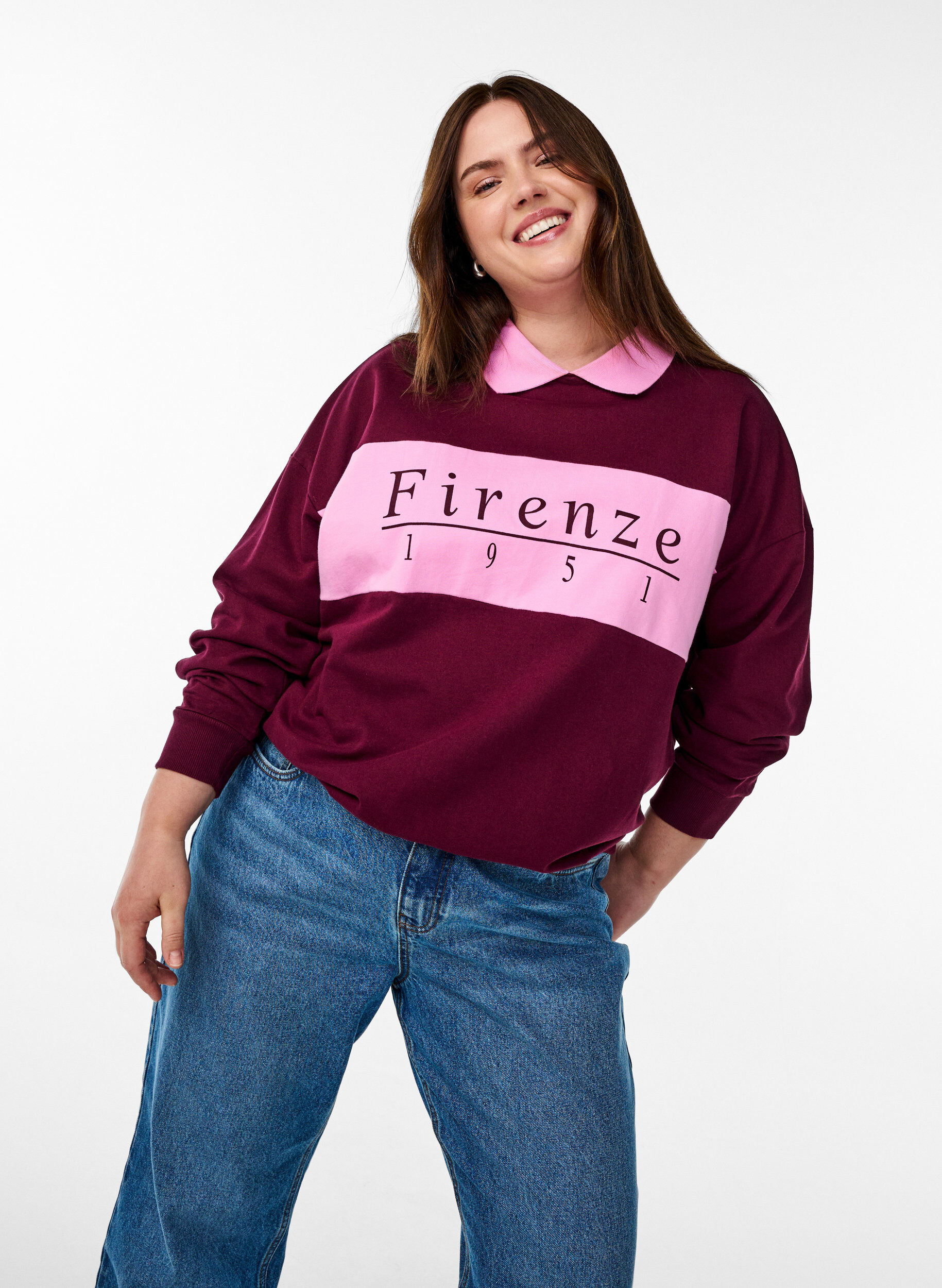 Zizzifashion Organic cotton sweatshirt with collar and contrast print, Dark Bordeaux, Model image number 3