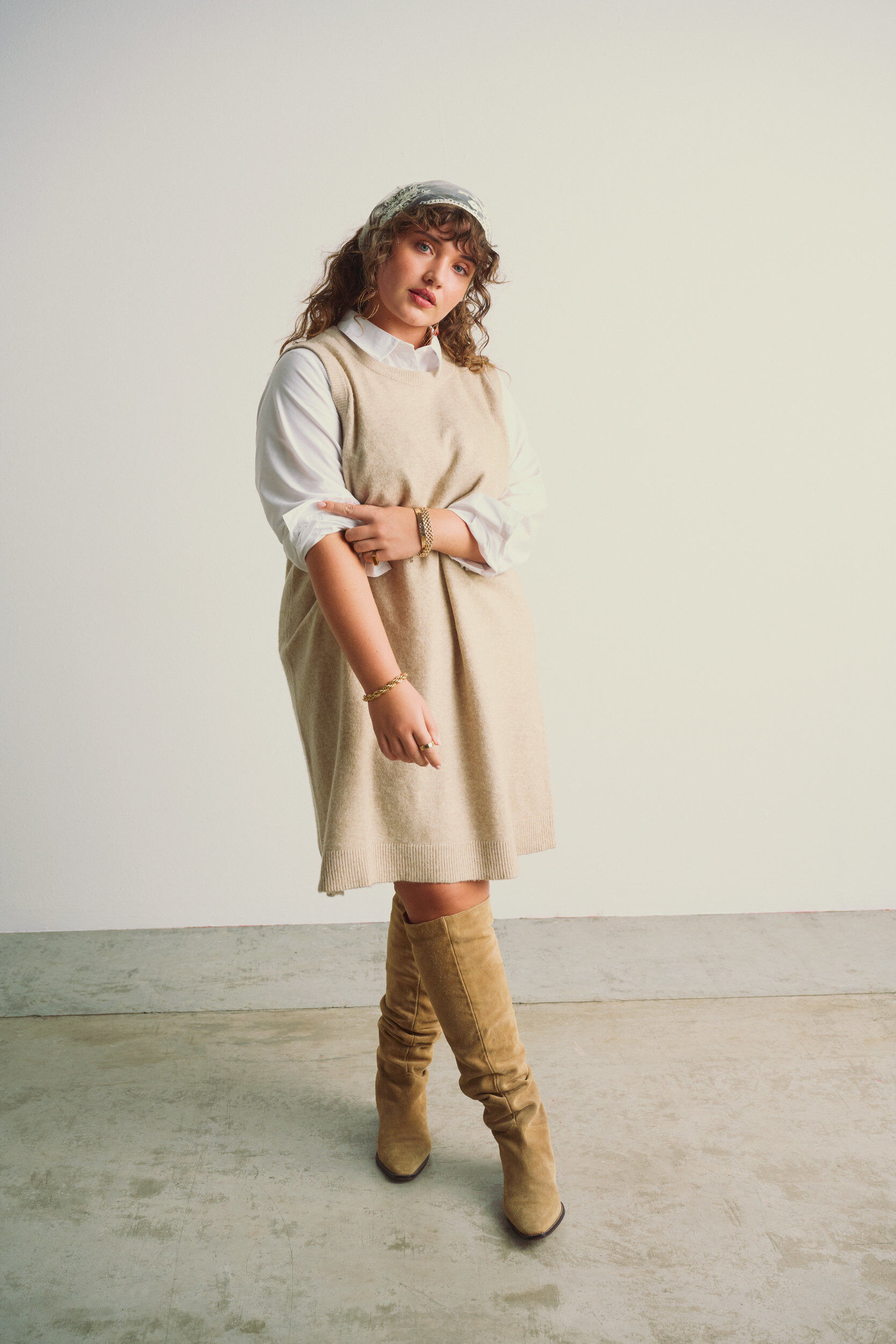 Zizzifashion Short sleeveless knitted dress, Beige, Image image number 0