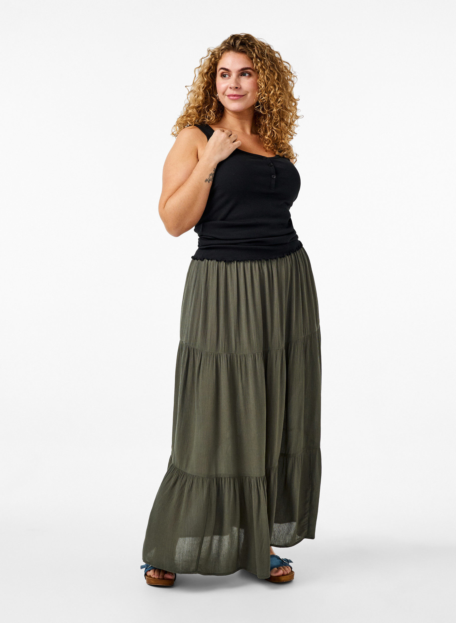Zizzifashion Long skirt with elasticated waist, Green, Model image number 0