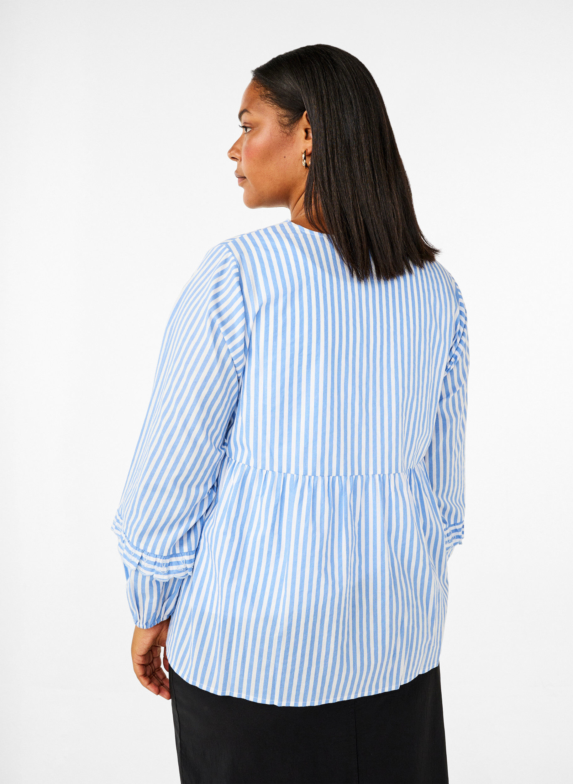 Zizzifashion Striped blouse with open front and embroidery details, Light Blue, Model image number 2