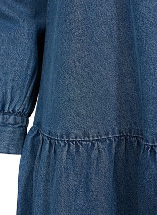Puff sleeve denim tunic with pearl buttons, Blue denim, Packshot image number 3