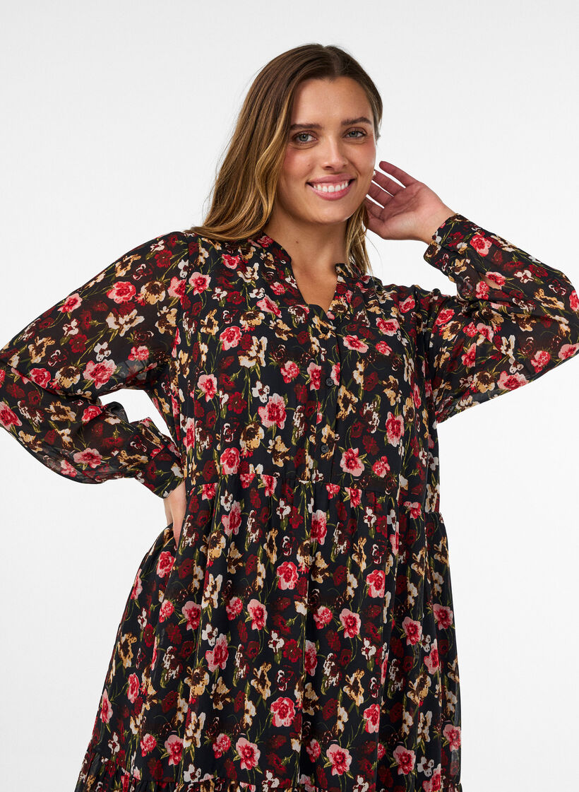 Dress with all-over print and a ruffle layer, Black, Model image number 2