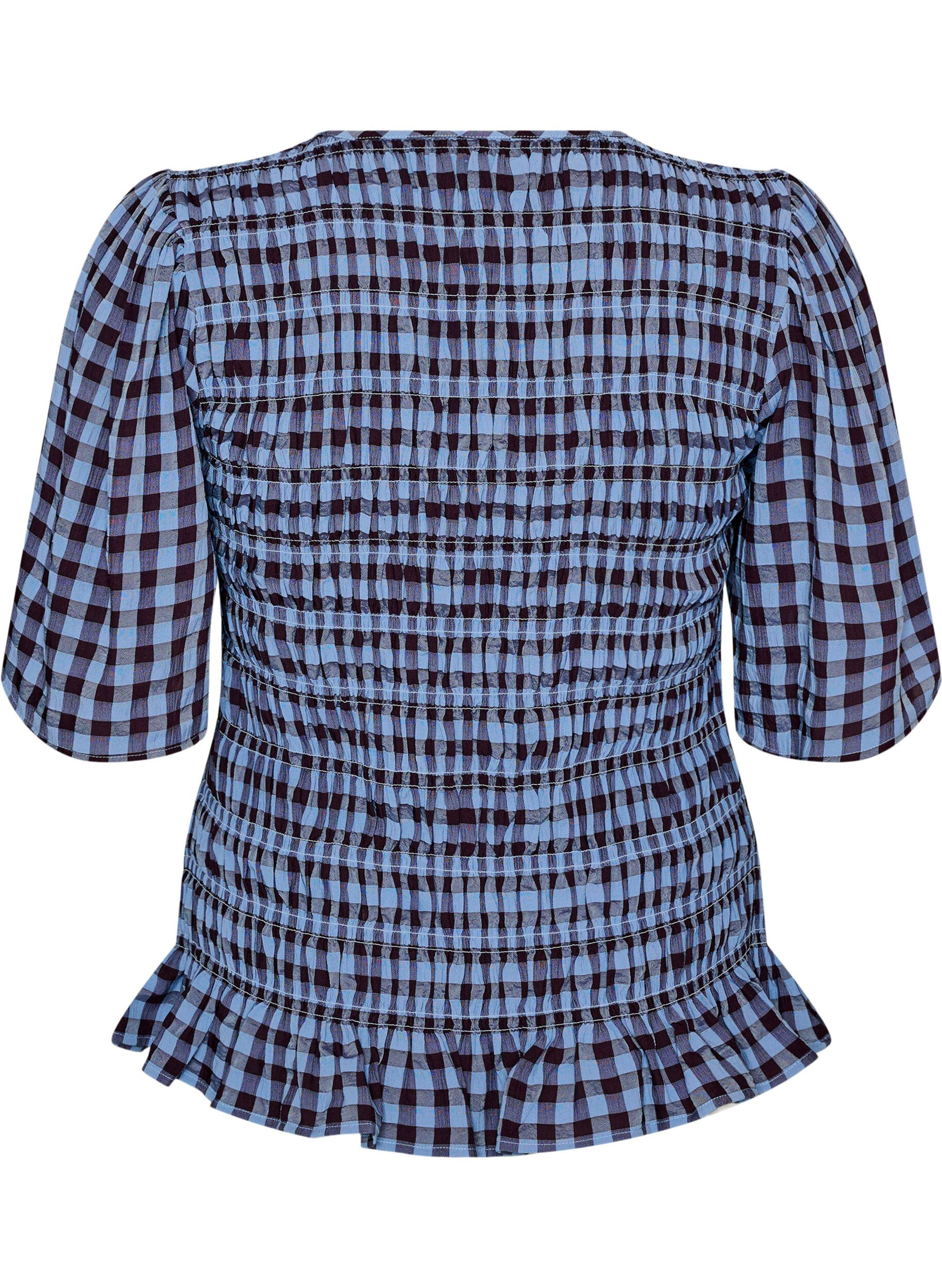 Zizzifashion Smock blouse with gingham check and ruffle hem, Blue, Packshot image number 1