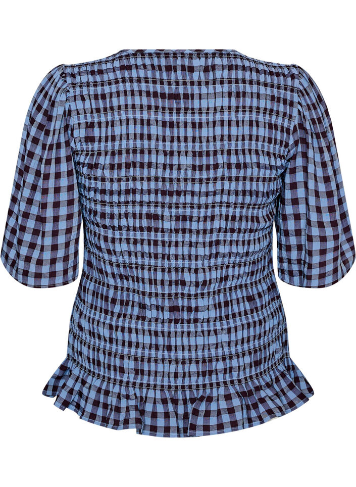 Smock blouse with gingham check and ruffle hem, Blue, Packshot image number 1