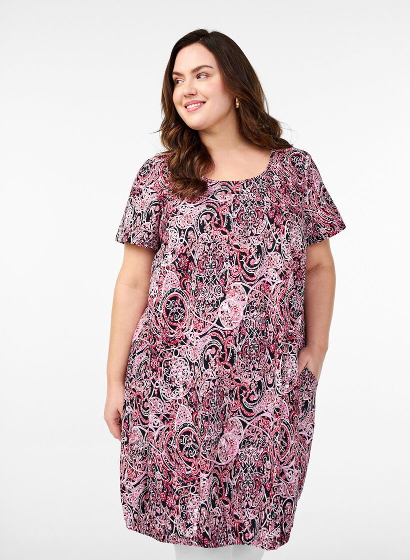 Short-sleeved, printed cotton dress, Black, Model image number 0