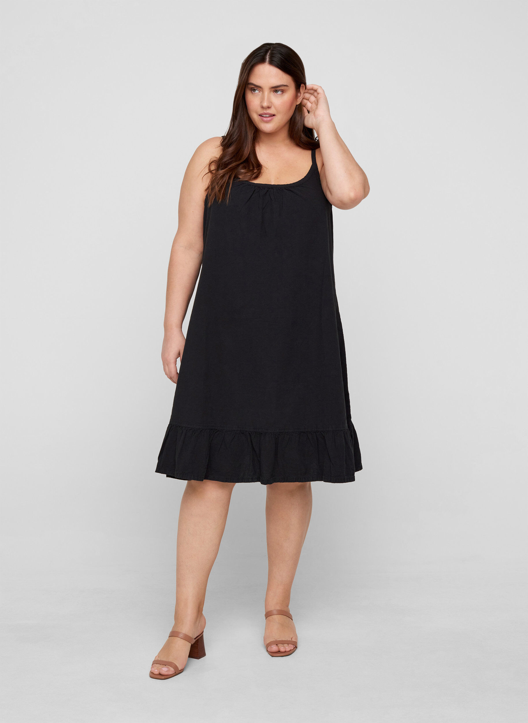 Zizzifashion Cotton dress with thin straps and an A-line cut, Black, Model image number 2