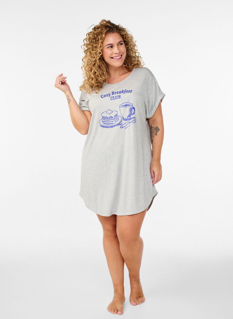 Short sleeve nightgown with text print, Grey, Model image number 1