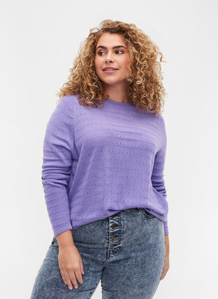 Knitted blouse with textured pattern and round neck, Paisley Purple, Model image number 0