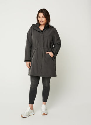 Long, hooded softshell jacket, Dark Grey Melange, Model image number 2