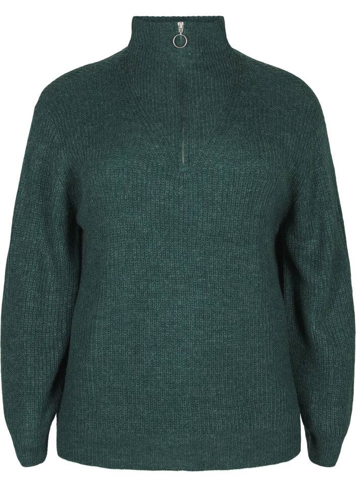 Knitted sweater with high neck and zipper, Green, Packshot image number 0