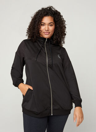 Sports cardigan with a zip and hood, Black, Model image number 0