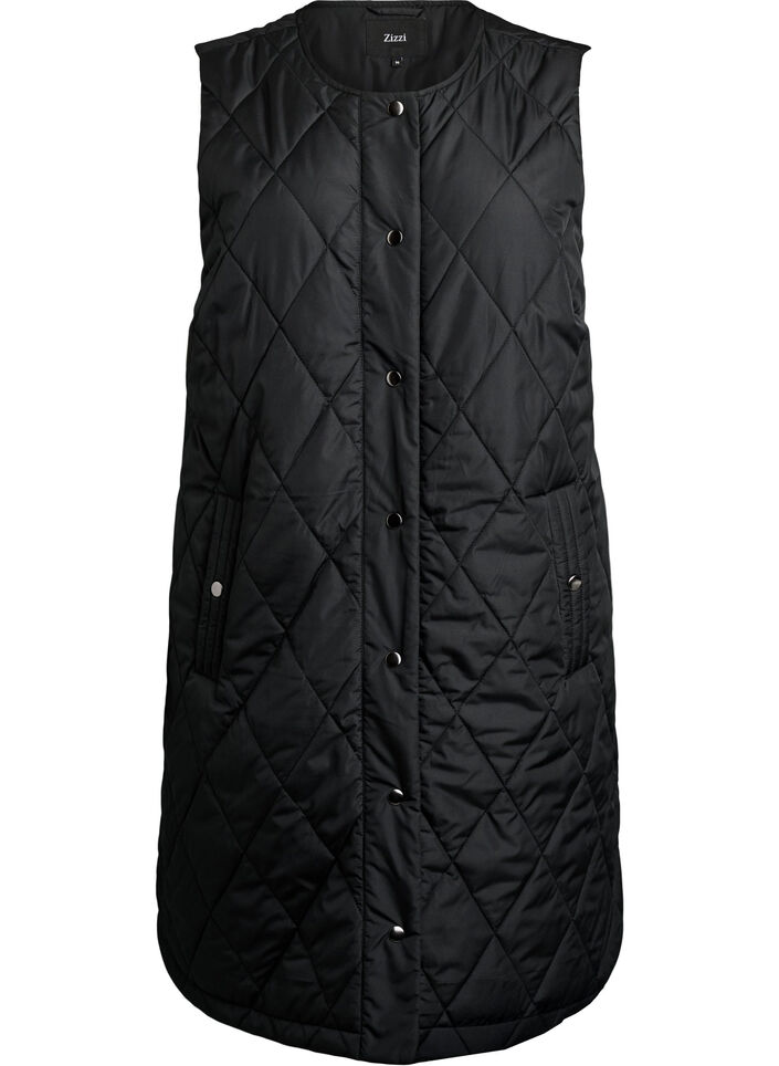 Long quilted gilet with press studs, Black, Packshot image number 0
