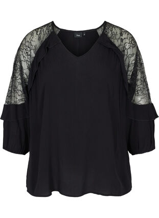 Viscose blouse with lace and 3/4 length sleeves, Black, Packshot image number 0