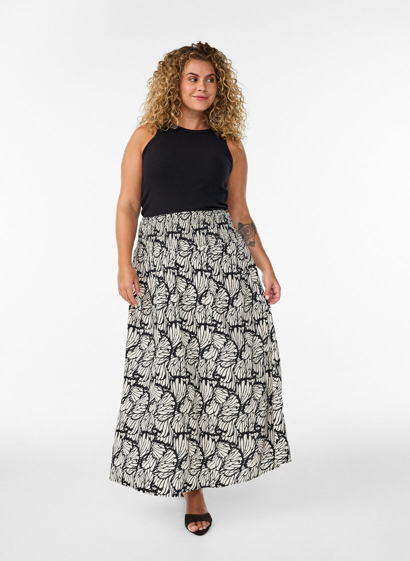 Viscose maxi skirt with smocking, Black, Model image number 0