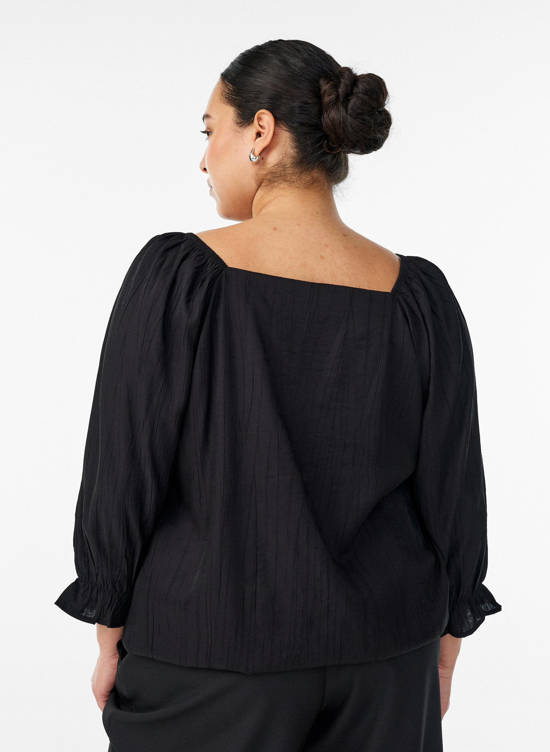 Zizzifashion Viscose blouse with a square neck and 3/4-sleeves, Black, Model image number 2