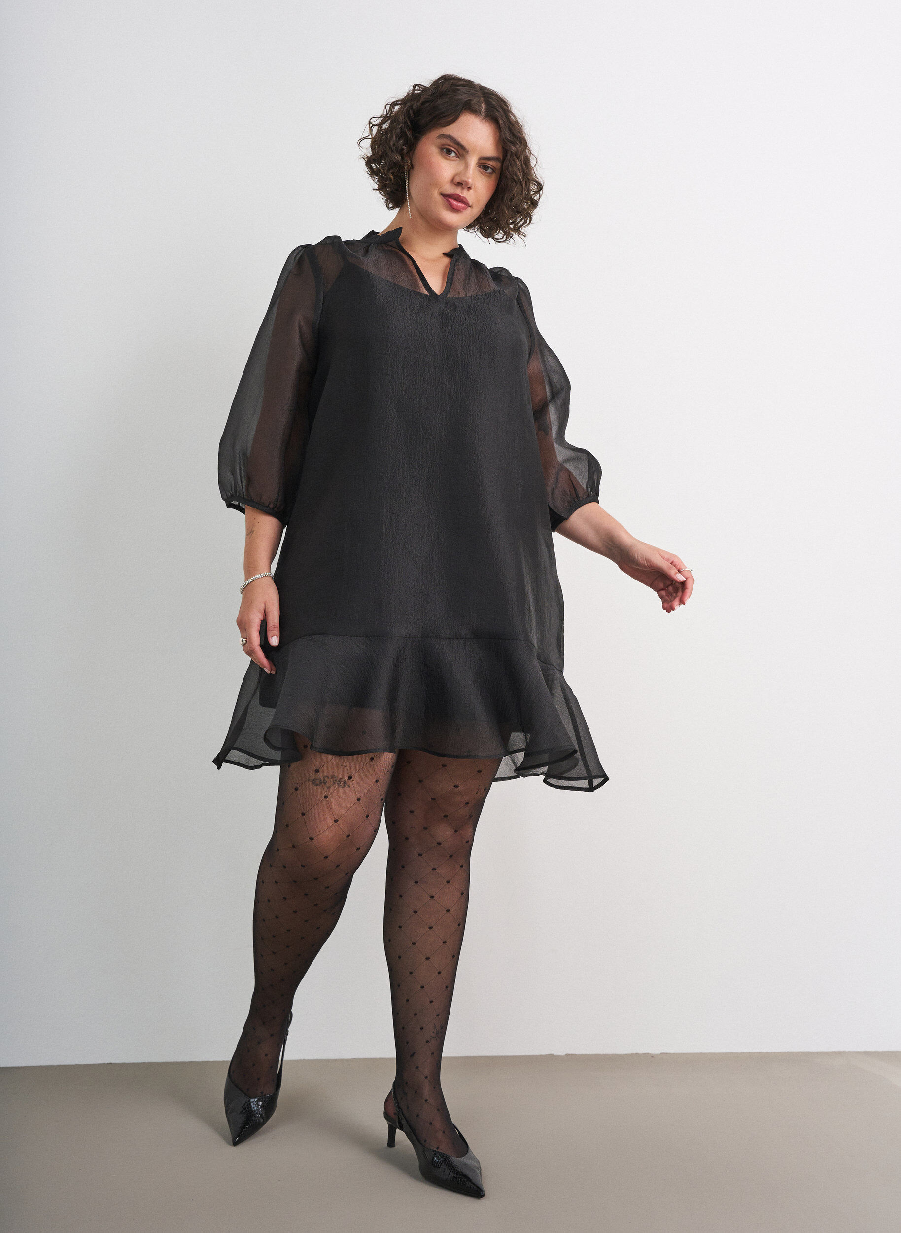 ZizzifashionShort organza dress with ruffle hem, Black, Model image number 1