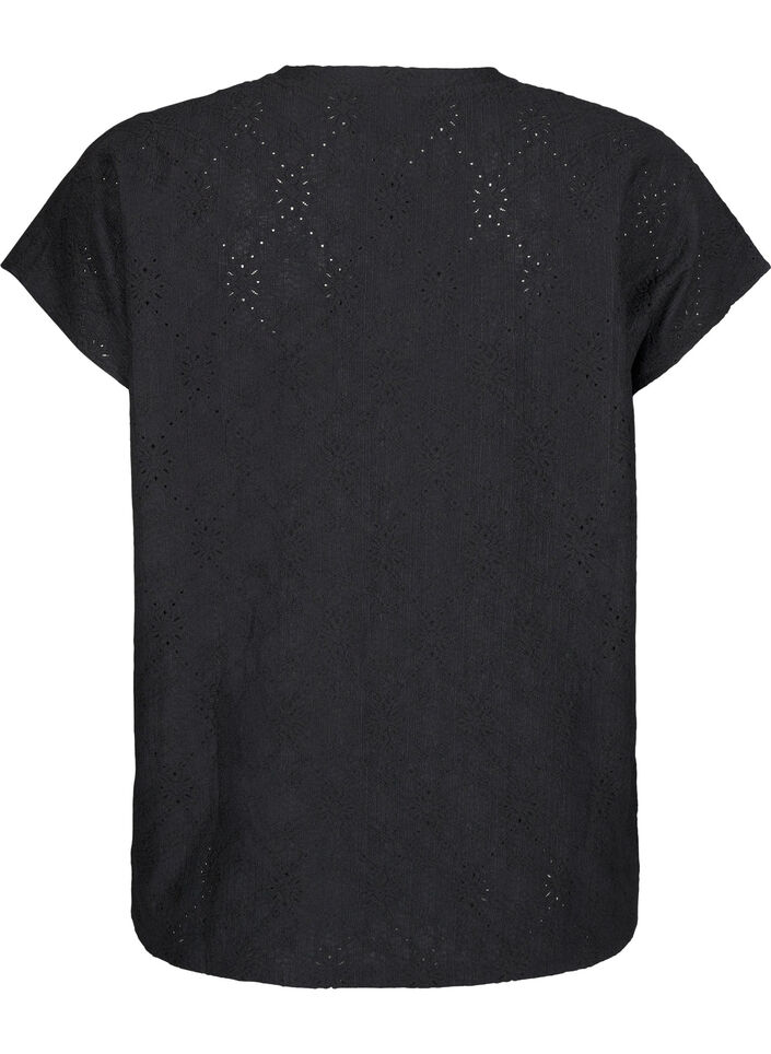 Blouse with short sleeves and floral embroidery, Black, Packshot image number 1
